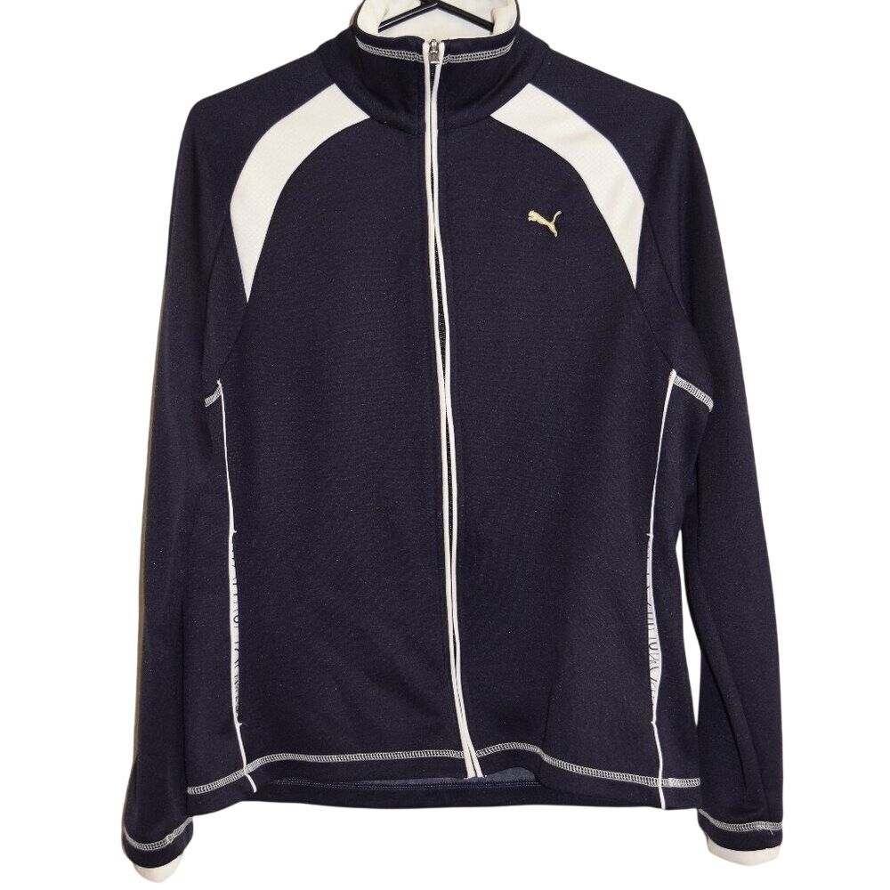 Puma Track‎ Jacket Women XL Navy Blue Excellent Full Zip Gold Logo Mock Neck